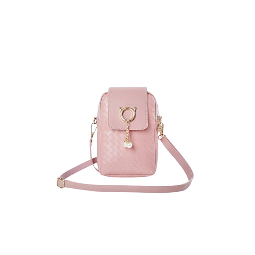 Pink crossbody bag with a decorative clasp on a white background