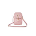 Pink crossbody bag with a decorative clasp on a white background