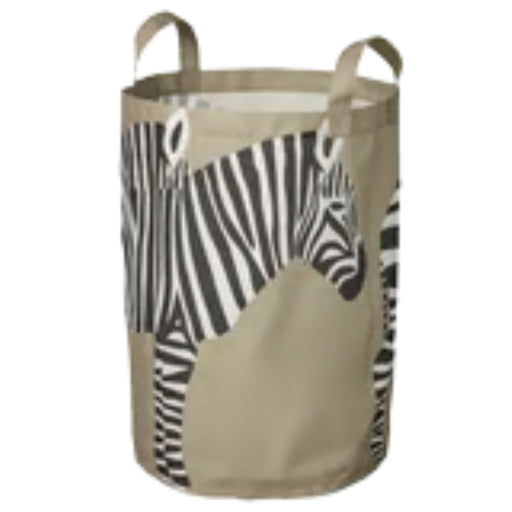 IKEA SANDLÖPARE storage bag – light brown cylindrical fabric bin with bold zebra print and dual handles – 50603215

