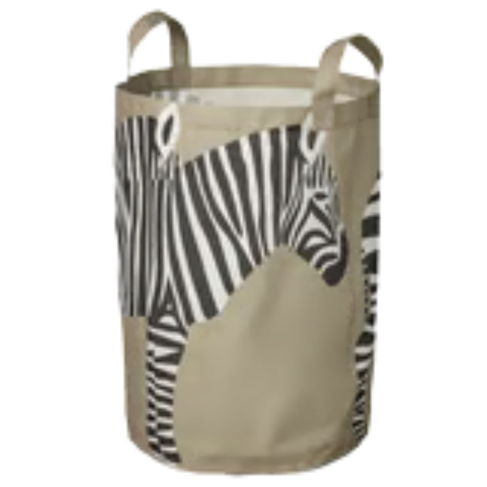 IKEA SANDLÖPARE storage bag – light brown cylindrical fabric bin with bold zebra print and dual handles – 50603215

