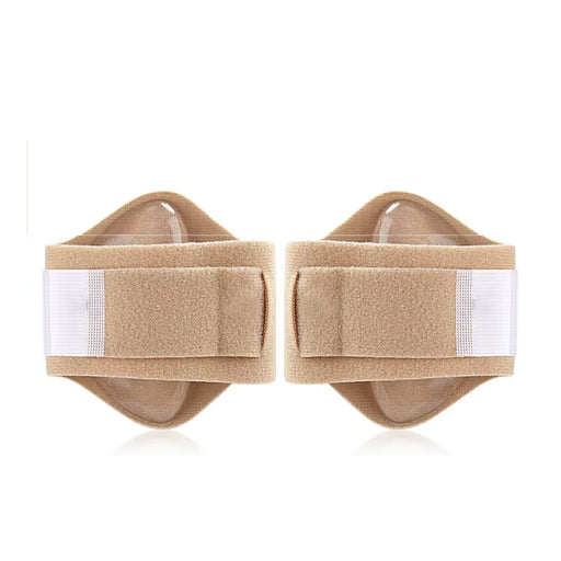 Pair of beige knee braces with white straps on a white background