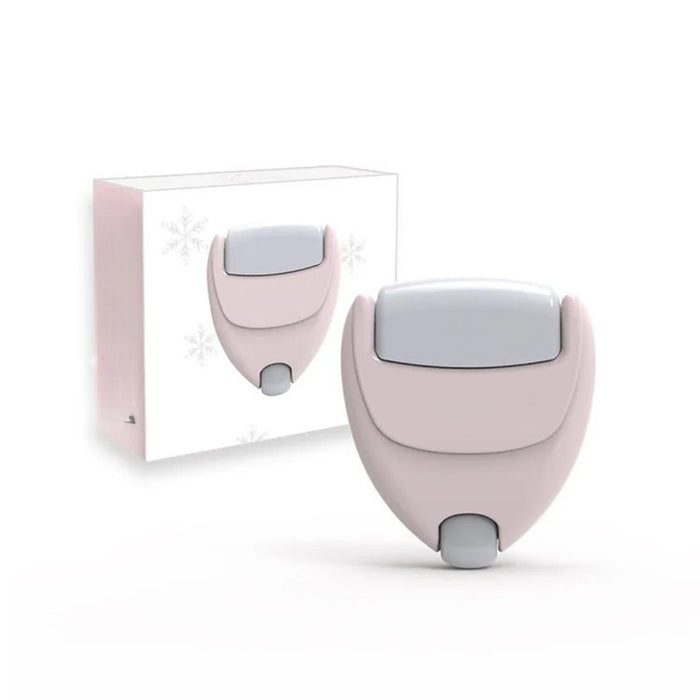 Heart-shaped ice roller – pink cooling massager with gray roller head and gift box featuring snowflake design