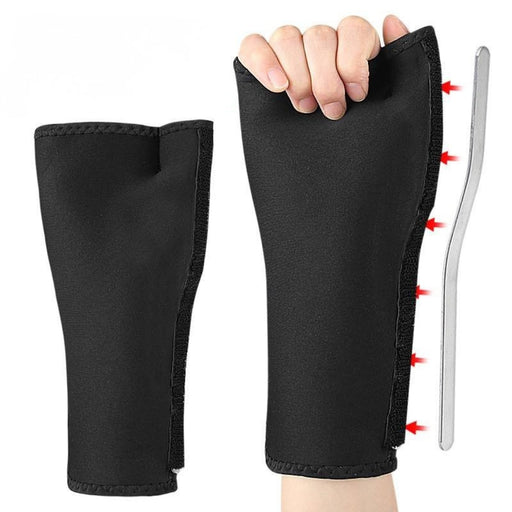Black wrist support brace with a close-up of a hand wearing it, on a white background.