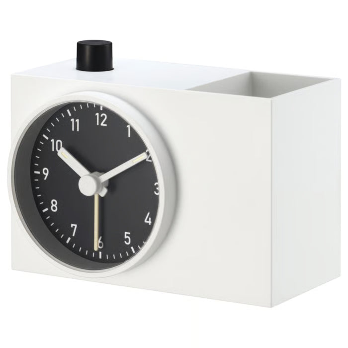 White clock with black face on a white background