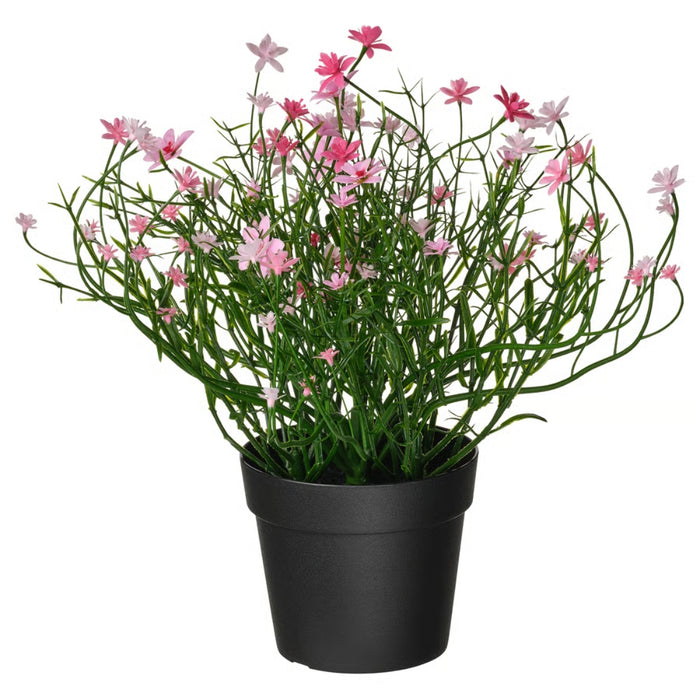 IKEA FEJKA artificial potted plant with pink baby’s breath flowers in black pot