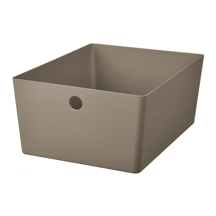 Beige square storage bin with a circular handle on a white background