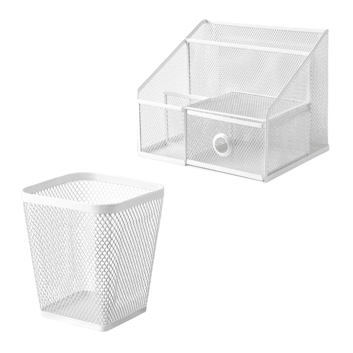 IKEA DRÖNJÖNS Desk Management Set: Multi-Compartment Organiser & Mesh Pen Cup - White