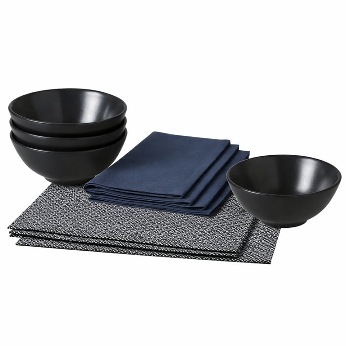 IKEA Dining Set: 4-Pack FÄRGKLAR Matt Dark Grey Bowls, GODDAG Placemats & SNÖKRABBA Napkins