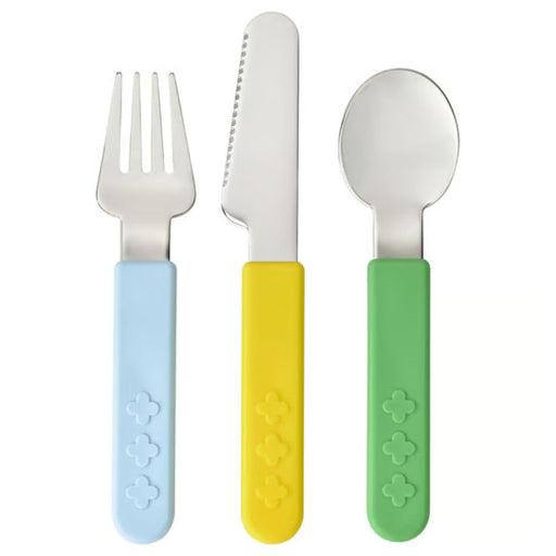 IKEA SMASKA 3-piece cutlery set in mixed colours; includes stainless steel fork (light blue handle), knife (yellow handle), and spoon (green handle) – child-friendly design with raised clover grip for safe and fun mealtime - 70596940