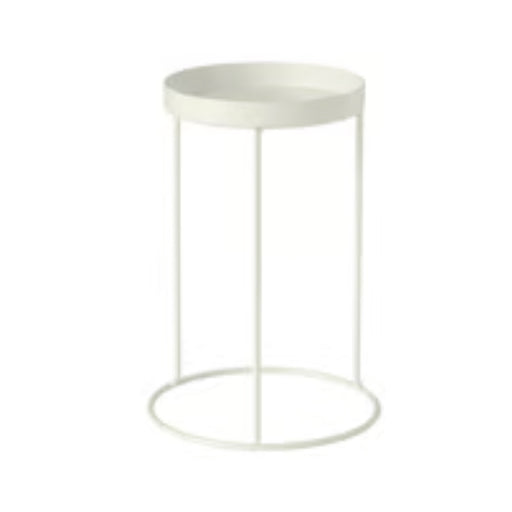 White side table with round top and metal frame on a white background