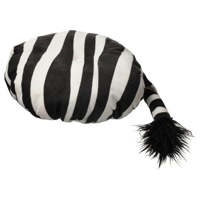  IKEA SANDLÖPARE stool cover in black and white zebra pattern with tail detail, shown flat against white background