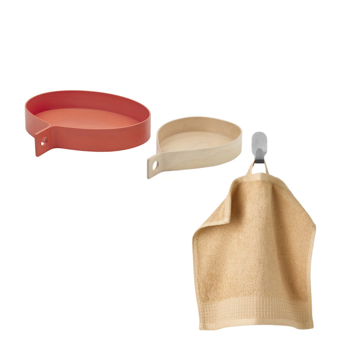 IKEA OMMJÄNGE Tray, Set of 2, Orange/Birch Veneer with VINARN Washcloth, Light Yellow, 30x30 cm