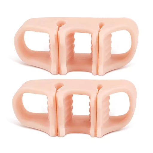Two pink silicone teething rings on a white background