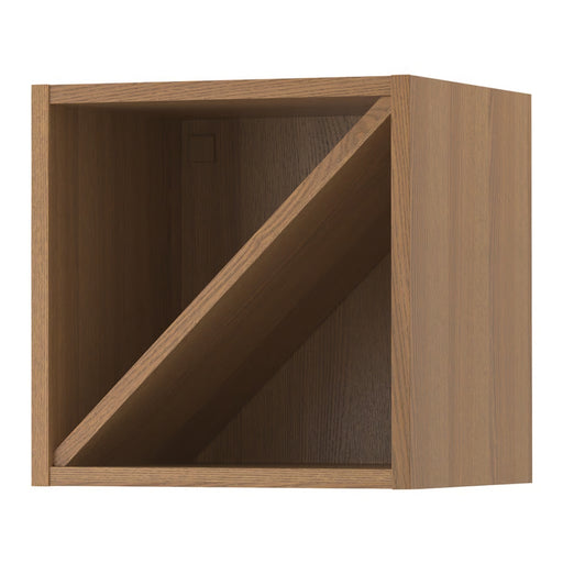 Wooden corner cabinet with a dark brown interior on a white background