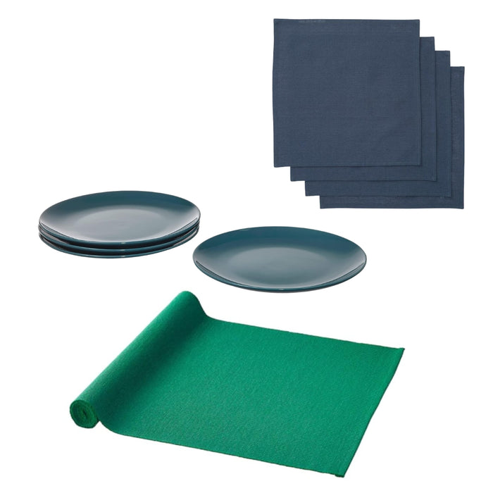 IKEA Dining Set: 4-Pack Glossy Dark Turquoise Plates, SNÖKRABBA Napkins & Dark Green Table Runner