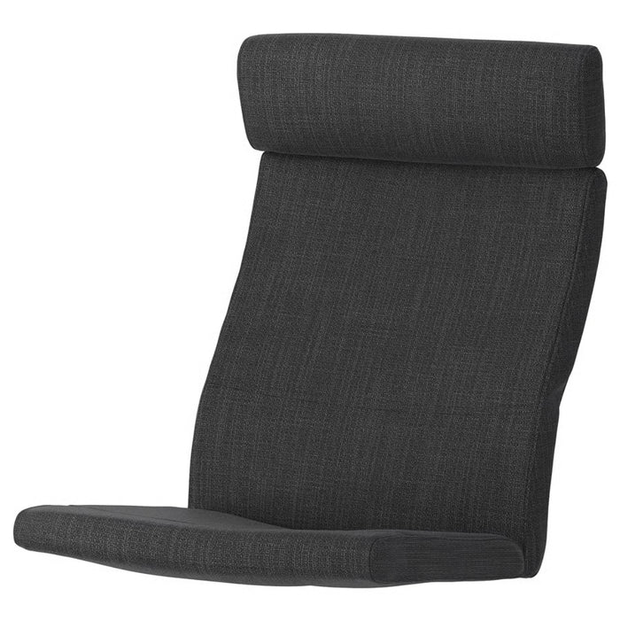 Close-up of IKEA POÄNG chair cushion in Hillared anthracite fabric with integrated headrest; textured dark grey upholstery on curved ergonomic padding – 60362507, 30158659