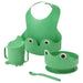 Green children's feeding set with bib, cup, bowl, and spoon on a white background