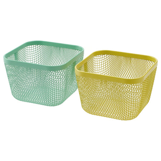 Two mesh storage baskets, one green and one yellow, on a white background.