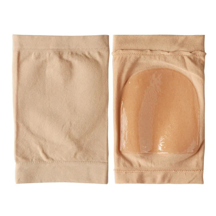 Two beige knee pads with a clear gel pad on a white background