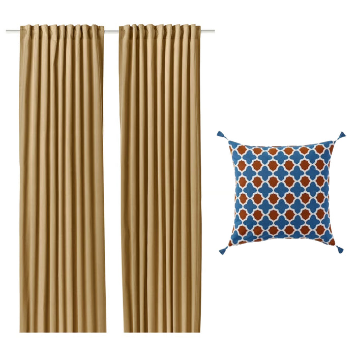 Ikea SANELA Curtains, 1 Pair, Beige-Yellow/with Heading Tape, 140x250 cm with INGVEIG Cushion Cover, Geometric/Brown blue/white50x50 cm