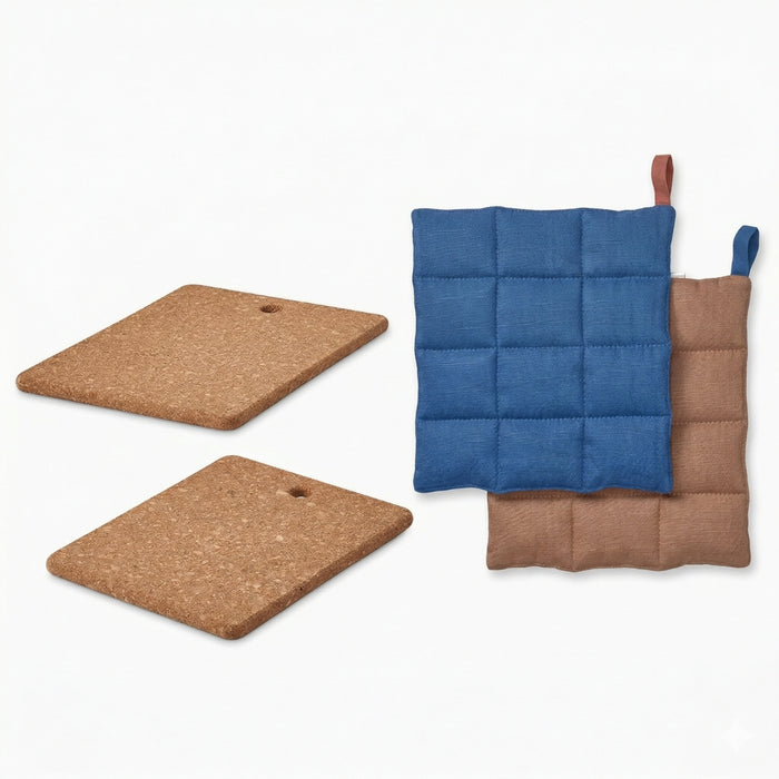 IKEA Kitchen Heat Protection Set - SOLUPPGÅNG Padded Pot Holders (2-Pack, Blue/Brown) & HEAT Natural Cork Pot Stands (2-Pack)