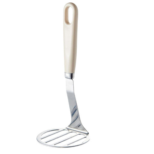Stainless steel potato masher – cream-colored handle with oval hanging hole and slotted mashing plate