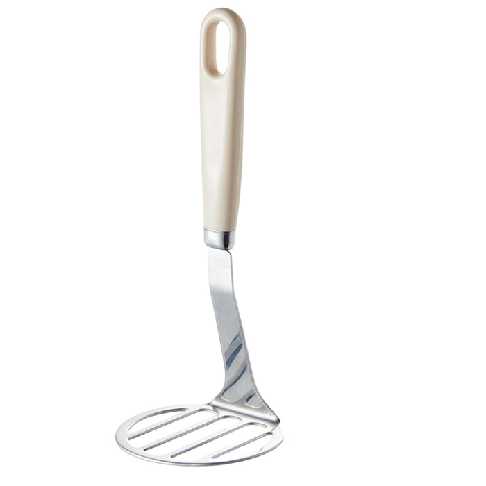Stainless steel potato masher – cream-colored handle with oval hanging hole and slotted mashing plate