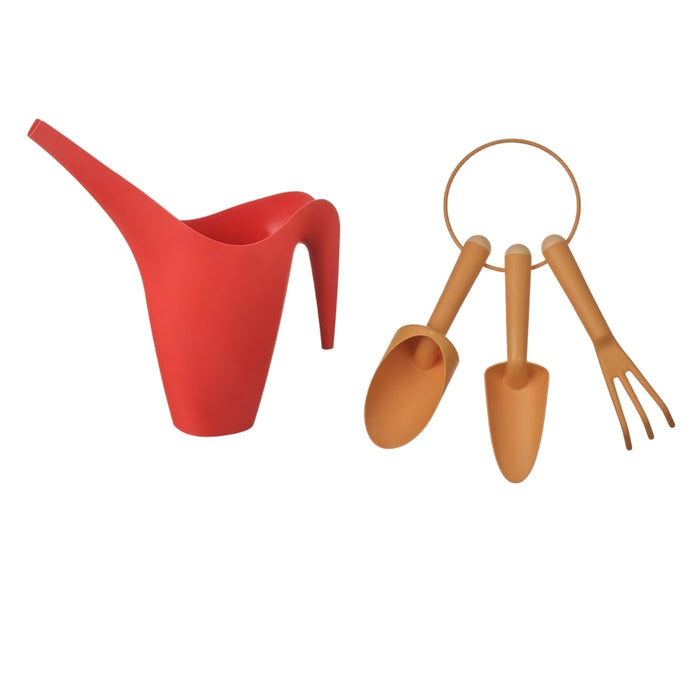 IKEA PS 2002 Watering Can Bright Red 1.2 L with GRÄSMARÖ 3‑Piece Gardening Set Orange