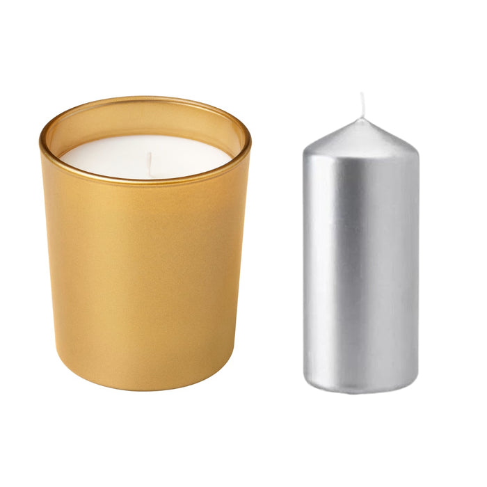 IKEA GOKVÄLLÅ Scented candle in glass, Sandalwood & patchouli, 50 hr with FENOMEN Unscented pillar candle, silver-colour, 45 hr