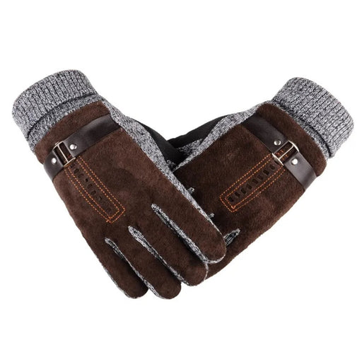 Pair of brown winter cycling gloves with gray knit cuffs, leather strap, and decorative stitching - 