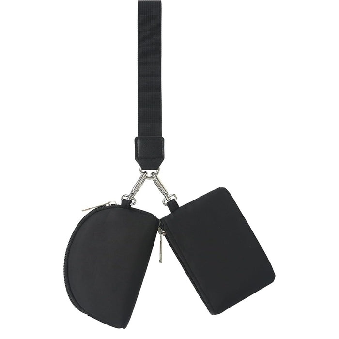 Mini Black Change Purse – Portable, Dual Pouch, Fashion Accessory, shown with semi-circular and rectangular compartments attached to strap
