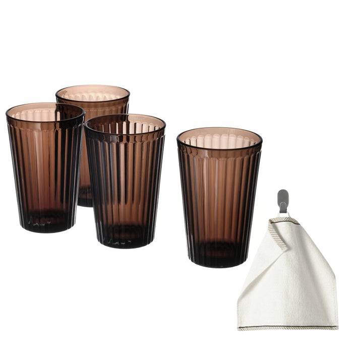 IKEA VARDAGEN Glass, brown, 43 cl (15 oz) with  VIKFJÄRD Washcloth, white, 30x30 cm