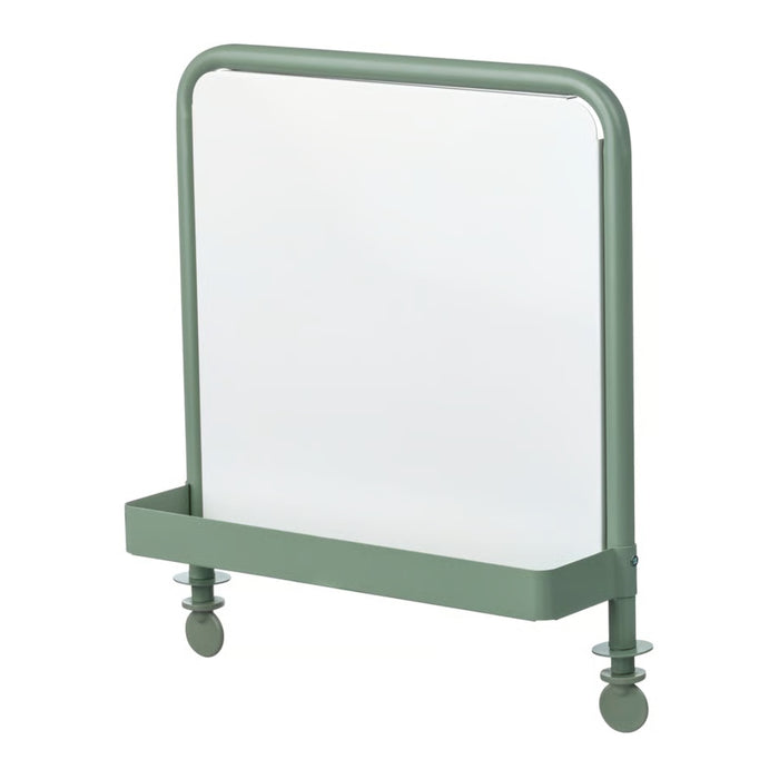 Green metal bar cart with a clear glass top on a white background