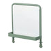 Green metal bar cart with a clear glass top on a white background