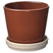 “Small plant pot with matching saucer, 12 cm, in red-brown light beige finish, suitable for indoor and outdoor use.”


