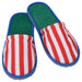 IKEA SKOGSSALLAT Slippers, red/white striped, L/XL, featuring a playful bold-striped design on the upper part, accented with a deep blue trim and a soft green inner sole.-