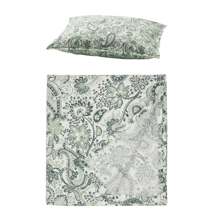 IKEA RODGERSIA Bedding Set: Green/White Flat Sheet (150x260cm) & Matching Pillowcase