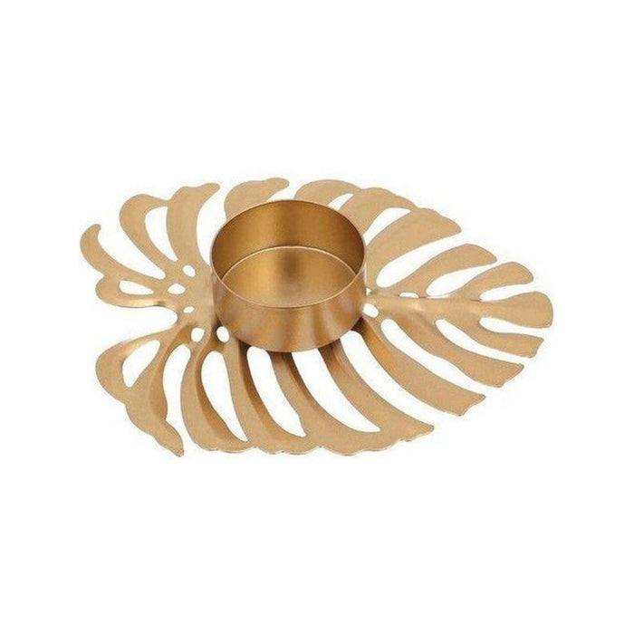 Gold decorative candle holder with leaf-like design on a white background
