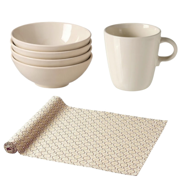 IKEA Hosting Set: LJUVARE Gold-Tone Table Runner & 4-Pack FÄRGKLAR Glossy Beige Bowls & Mugs