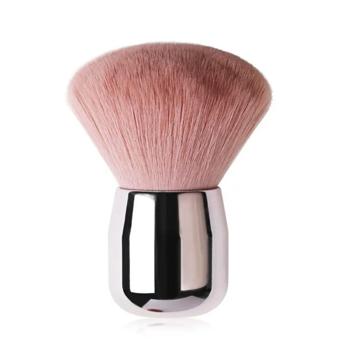 Round powder brush with soft pink bristles and short plated ABS handle