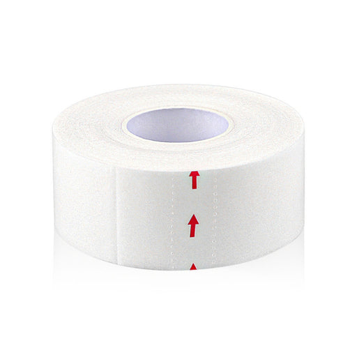 A roll of white self-adhesive collar protector tape with red arrows indicating the easy-peel direction, shown on a clean white background.