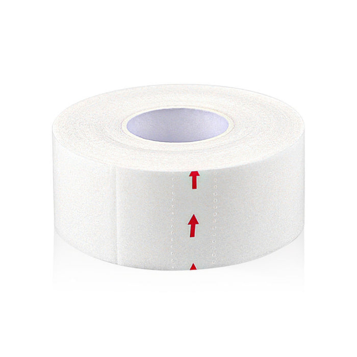 A roll of white self-adhesive collar protector tape with red arrows indicating the easy-peel direction, shown on a clean white background.