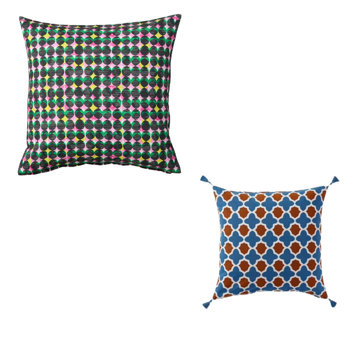 IKEA  ÄLVSJÖSKOGEN Cushion Cover, Pink/Green, 50x50 cm (20x20) with INGVEIG Cushion Cover, Geometric/Brown blue/white50x50 cm