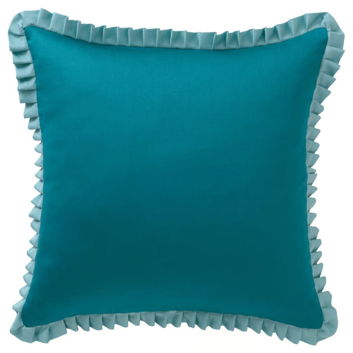 IKEA GOKVÄLLÅ Cushion cover, blue, 50x50 cm – teal ruffled pillow paired with geometric throw in sunlit, cozy setting – 60596120