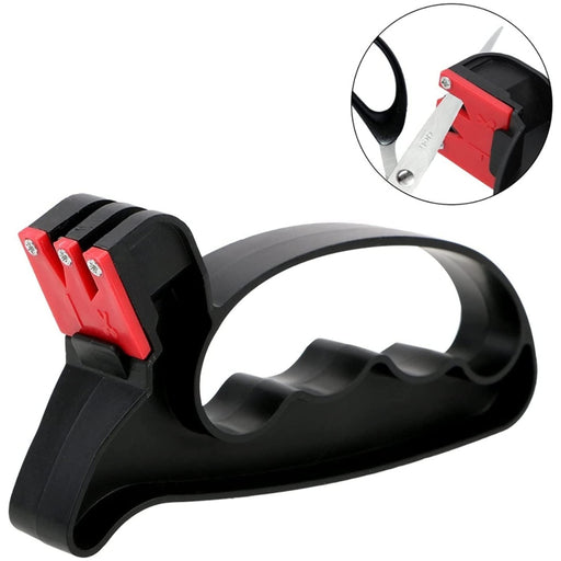 2-in-1 Knife & Scissor Sharpener – Handheld, ergonomic grip, black kitchen tool with dual red sharpening slots - 