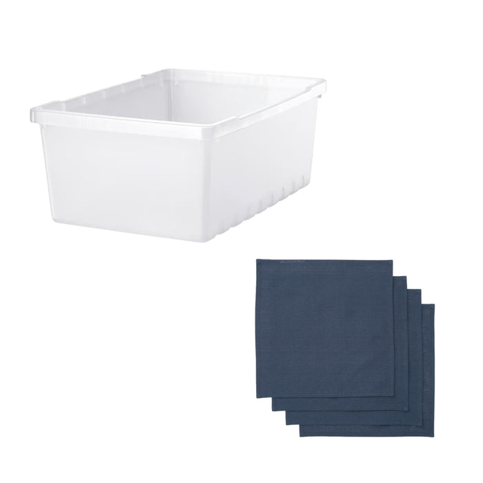 IKEA UPPSNOFSAD Storage Box 9L Transparent White with SNÖKRABBA Napkin Black‑Blue 4 Pack — Organized Living | Dining Elegance