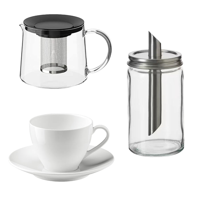 IKEA RIKLIG Glass Tea/Coffee Pot Set with VÄRDERA Cup & CITRONHAJ Sugar Shaker