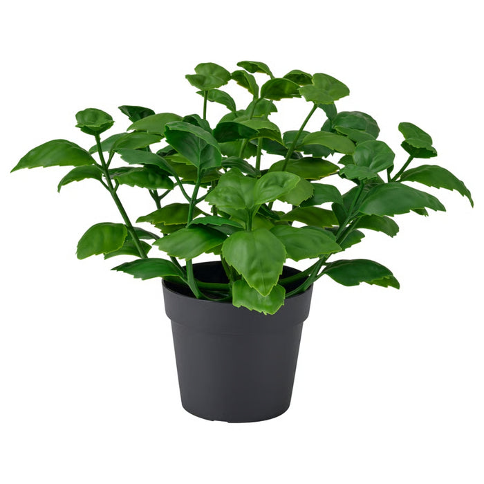 IKEA FEJKA artificial basil plant with lush green leaves in a simple black plastic pot.