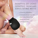 Person using seraphic skincare exfoliating mitts with text listing benefits on a soft background.
