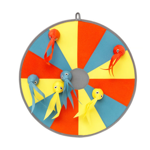 Colorful dartboard with octopus-shaped darts on a white background
